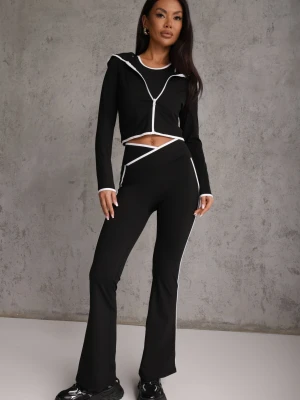 Czarny Komplet Fitnessowy Spodnie Flare Bluza i Top z Ozdobnymi Lamówkami Quintela Yu & Me