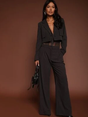 Czarny Komplet Garniturowy Marynarka Cropped i Szerokie Spodnie Mairilee