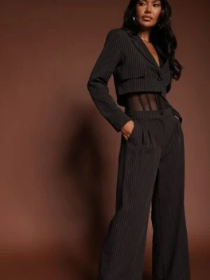 Czarny Komplet Garniturowy Marynarka Cropped i Szerokie Spodnie Mairilee