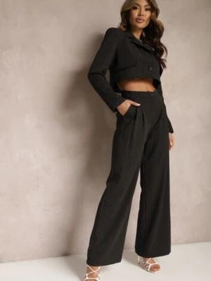 Czarny Komplet Garniturowy Marynarka Cropped i Szerokie Spodnie Mairilee