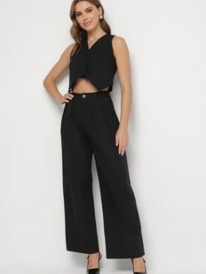 Czarny Komplet Garniturowy z Bawełną i Wiskozą Spodnie i Kamizelka Polvivi