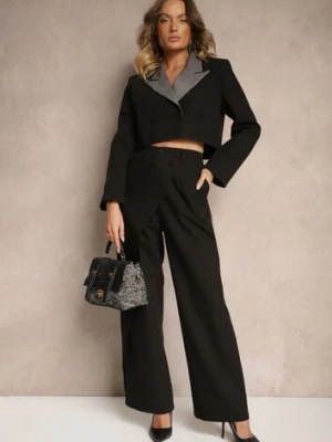 Czarny Komplet Garniturowy z Krótką Marynarką i Asymetrycznymi Spodniami Remilena