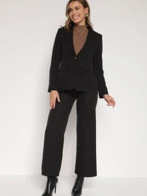 Czarny Komplet Garniturowy z Wiskozą Marynarka na Guzik i Szerokie Spodnie Tevora