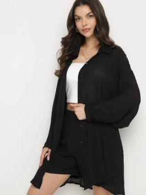 Czarny Komplet Koszula z Długim Rękawem Szorty Tordia