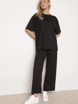 Czarny Komplet Oversize z Cyrkoniami T-shirt i Spodnie Arnatea Ambitionfly