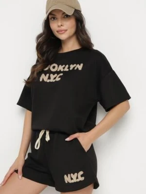 Czarny Komplet Oversize z Wiskozą T-shirt i Szorty z Nadrukiem Liravella jumelle