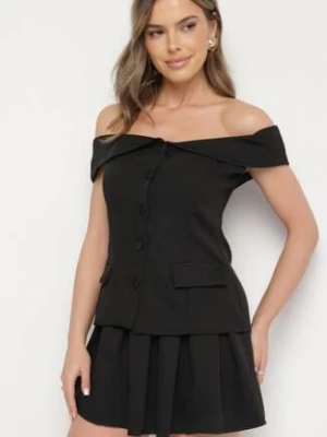 Czarny Komplet Spódnica i Bluzka Hiszpanka z Guzikami i Imitacją Kieszeni Salendrea allyson