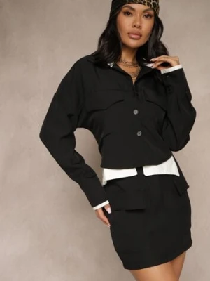 Czarny Komplet Spódnica i Koszula Ozdobione Imitacją Kieszeni Grelsedi allyson