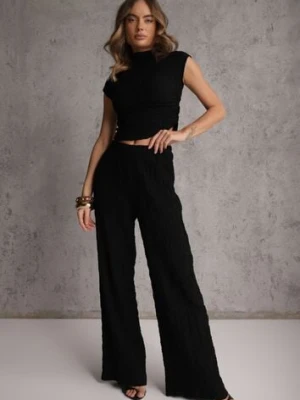 Czarny Komplet Spodnie Wide Leg i Top ze Stójką i Drapowaniem w Talii Meridone yu & me