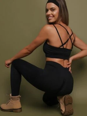 Czarny Komplet Sportowy Biustonosz na Ramiączkach i Legginsy z Gumką w Pasie Nadlira