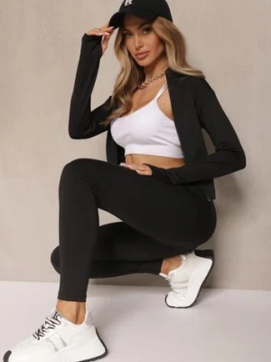 Czarny Komplet Sportowy Legginsy i Bluza z Wycięciem na Kciuk Redarose yu & me