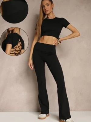 Czarny Komplet Sportowy Spodnie i Koszulka Ozdobiona Sznurowaniem Lumileine yu & me