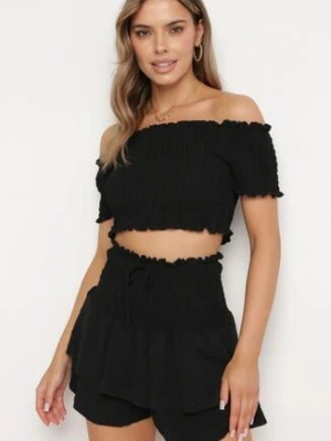 Czarny Komplet Top w Stylu Hiszpanki i Spódnico-Szorty z Gumką Quillatta