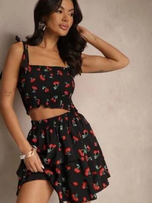 Czarny Komplet Top z Kokardkami i Spódnica w Print z Wisienkami Talitora defox