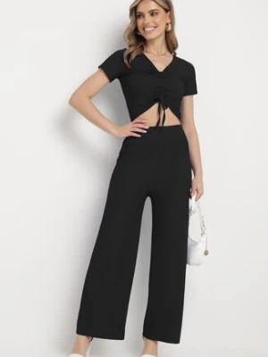 Czarny Komplet Top ze Ściągaczem Spodnie z Szerokimi Nogawkami i Gumką w Pasie Rolana