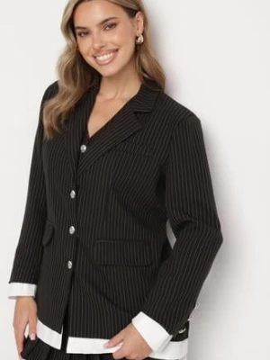 Czarny Komplet w Delikatne Paseczki Plisowana Spódnica Kamizelka i Marynarka Dassemi