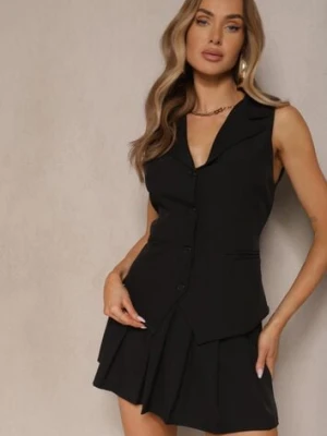 Czarny Komplet w Garniturowym Stylu Kamizelka i Spódnica z Plisami Talkio allyson