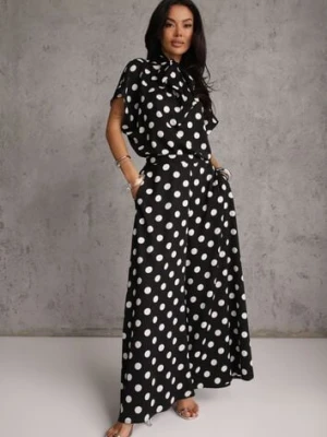 Czarny Komplet w Groszki Bluzka Wiązana przy Szyi i Spodnie Wide Leg Firerun yu & me