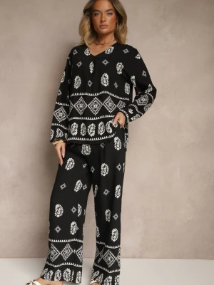 Czarny Komplet w Stylu Etno Spodnie z Gumką w Pasie i Bluzka Oversize Eviralyn J&x