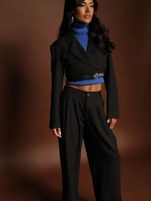 Czarny Komplet w Stylu Garniturowym Szerokie Spodnie z Paskiem i Krótka Marynarka Veritia elsa.m by may