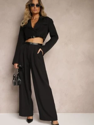 Czarny Komplet w Stylu Garniturowym Szerokie Spodnie z Paskiem i Krótka Marynarka Veritia elsa.m by may