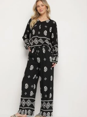 Czarny Komplet w Stylu Rustykalnym Luźna Bluzka i Spodnie z Wiskozą Emilaris j&x