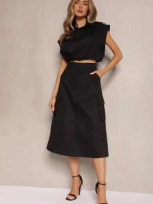 Czarny Komplet w Stylu Utility Koszula Cropped Bez Rękawów i Spódnica z Kieszeniami Notcha