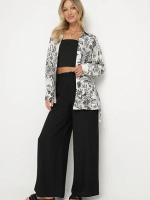 Czarny Komplet Wiskozowy z Koszulą w Kwiaty i Szerokimi Spodniami Hanalore