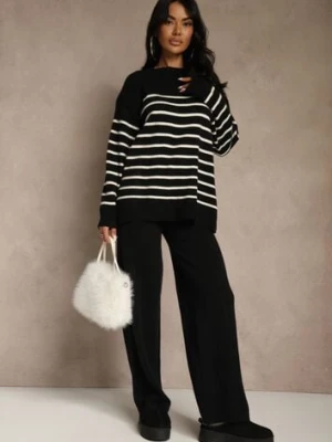 Czarny Komplet z Bawełną i Wełną Spodnie o Szerokim Kroju i Sweter w Paski Reimeia