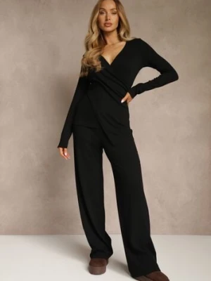 Czarny Komplet z Bawełny Kopertowa Bluzka Longsleeve i Szerokie Spodnie Amaferia