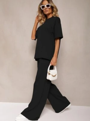 Czarny Komplet z Bawełny Proste Szerokie Spodnie z Gumką w Pasie Bluzka z Rozcięciami Vimarases