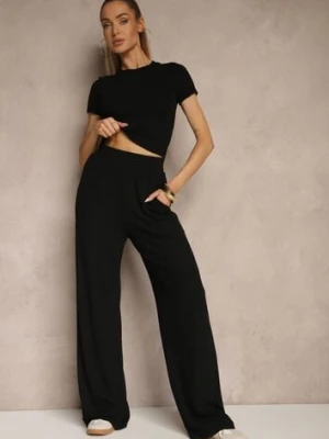 Czarny Komplet z Bawełny T-shirt Typu Crop Top i Spodnie Wide Leg Nelisandra by swan