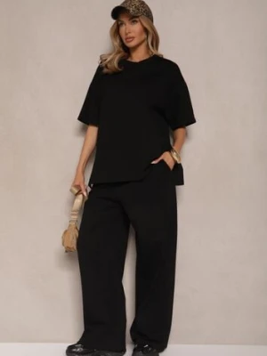 Czarny Komplet z Bawełny T-shirt z Rozcięciami i Spodnie o Szerokim Kroju Elpiola jumelle