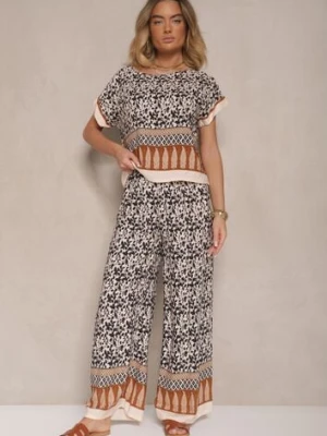Czarny Komplet z Bawełny w Print Boho Szerokie Spodnie i Koszulka Telanitha