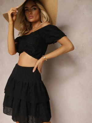 Czarny Komplet z Bawełny z Ażurowym Motywem Spódnica z Falbanami oraz Gumką w Talii High Waist i Krótka Bluzka Ozdobiona Ściągaczem Aricella