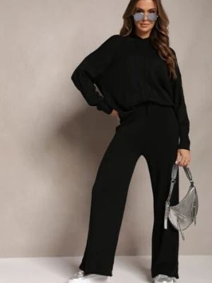 Czarny Komplet z Dzianiny Oversizowa Bluza z Kapturem i Spodnie z Szerokimi Nogawkami Mathuva