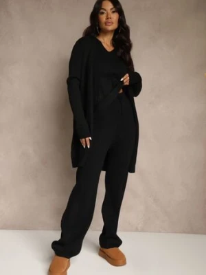 Czarny Komplet z Dzianiny z Bawełną Spodnie Kamizelka i Długi Kardigan Mevalinia