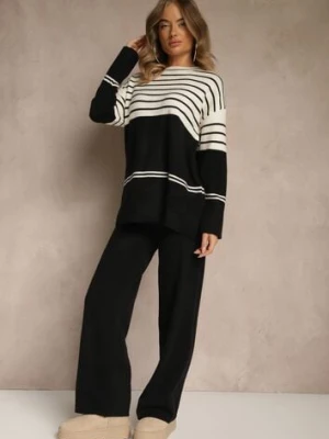 Czarny Komplet z Dzianiny z Wełną Pasiasty Sweter i Spodnie Ralleia j&x