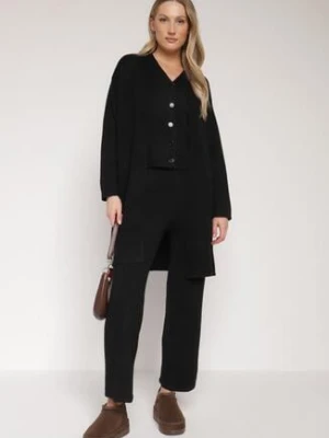 Czarny Komplet z Dzianiny z Wełną Spodnie Kardigan i Kamizelka na Guziki Meviseffa