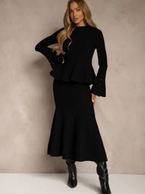 Czarny Komplet z Dzianiny z Wiskozą Spódnica i Sweter z Baskinką i Cyrkoniami Nereza