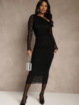 Czarny Komplet z Koronki Ołówkowa Spódnica i Longsleeve Off Shoulder Nerinaera