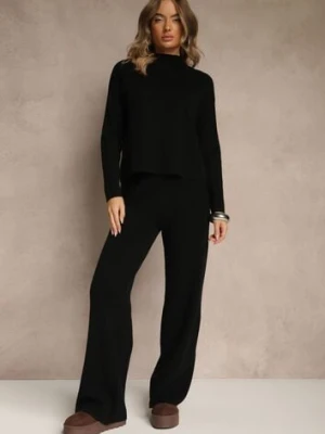 Czarny Komplet z Prążkowanej Dzianiny Spodnie Wide Leg i Sweter ze Stójką Feniria glo-story