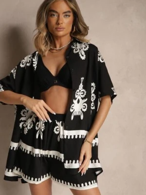 Czarny Komplet z Rustykalnym Wzorem z Szortami i Koszulą Tosnea cflo