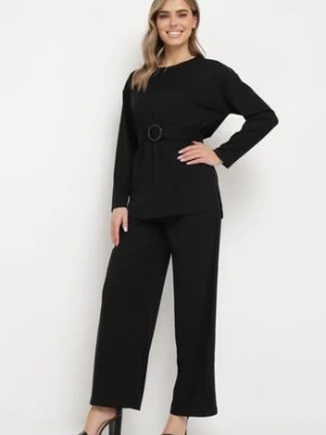 Czarny Komplet z Spodnie Prostymi Nogawkami i Bluzka z Paskiem Carenesa