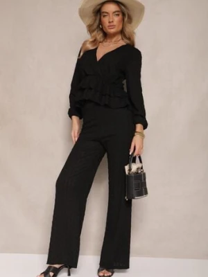 Czarny Komplet z Tłoczeniami Bluzka z Falbaną i Szerokie Spodnie Kilinne jumelle
