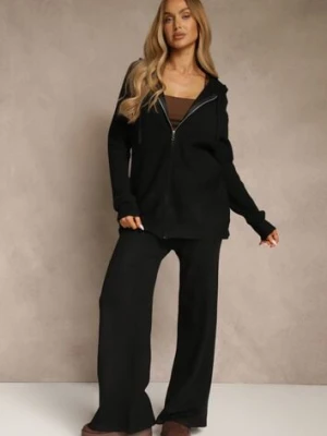 Czarny Komplet z Wełną i Bawełną Rozpinana Bluza z Kapturem i Szerokie Spodnie Reisema