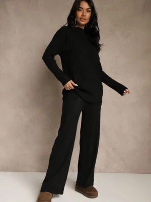 Czarny Komplet z Wełną i Bawełną Szerokie Spodnie i Sweter o Długim Kroju Reilissa
