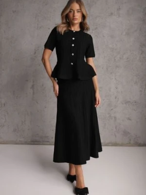 Czarny Komplet z Wiskozą Bluzka z Guzikami i Baskinką i Spódnica Narinna yu & me