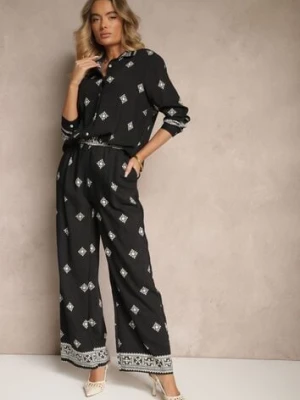 Czarny Komplet z Wiskozą Koszula i Szerokie Spodnie w Etno Wzór Tatanelis