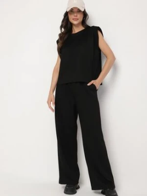 Czarny Komplet z Wiskozą Koszulka z Usztywnionymi Ramionami i Szerokie Spodnie Nevisari jumelle